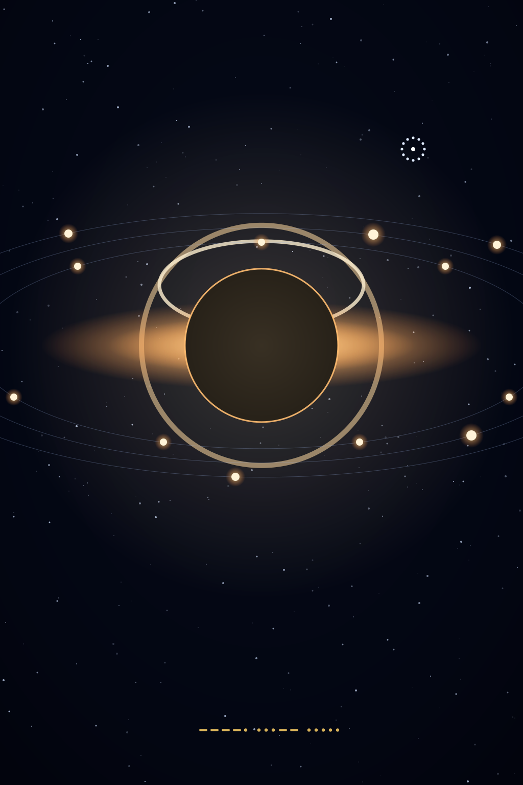 Gargantua: o buraco negro com disco de acreção e lente gravitacional; três órbitas com 9, 3 e 5 pulsos de luz; morse no rodapé
